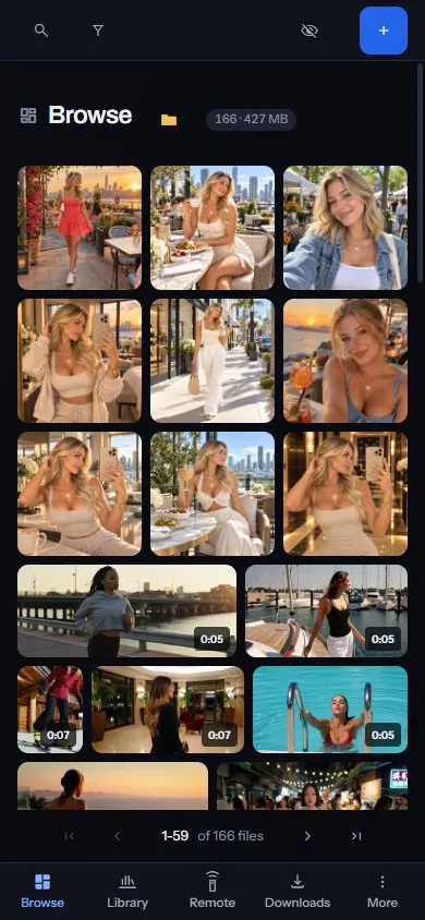 Sift on a phone, with the bar of Browse, Library, Remote, Downloads and More along the bottom