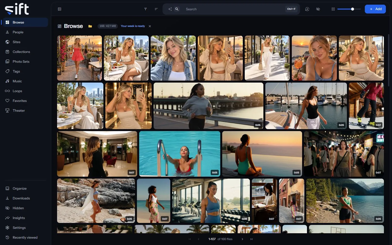 Sift's Browse screen, a grid of pictures and clips beside the sidebar.