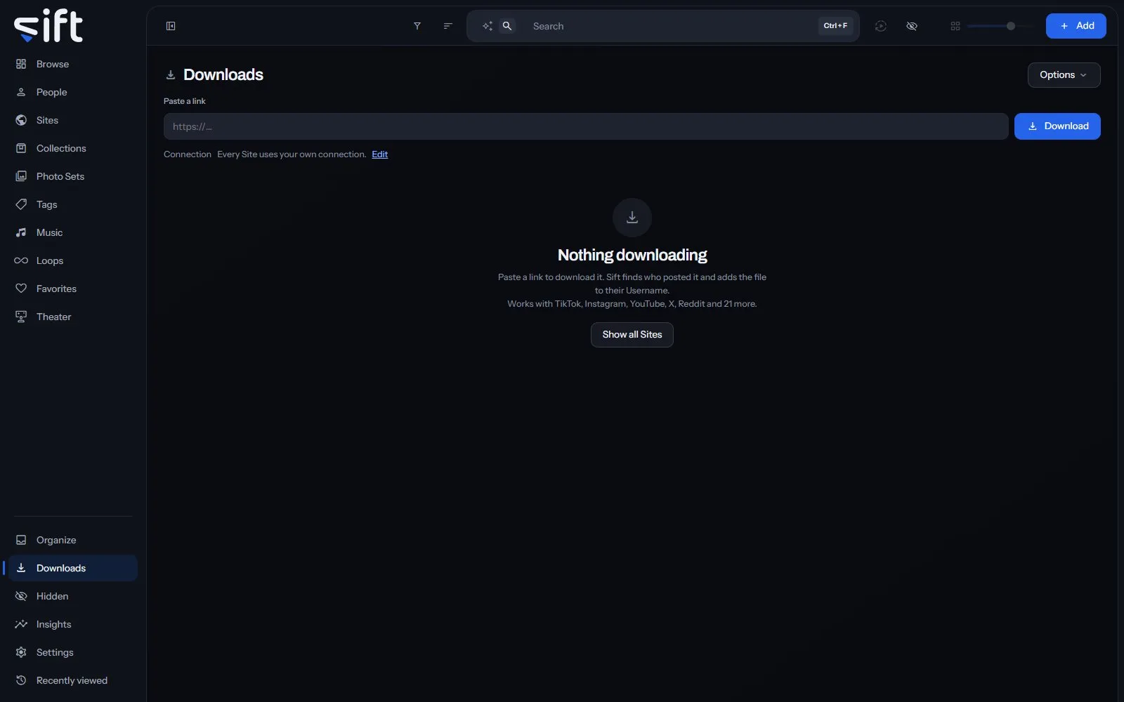 Downloads, with the paste box and an empty queue