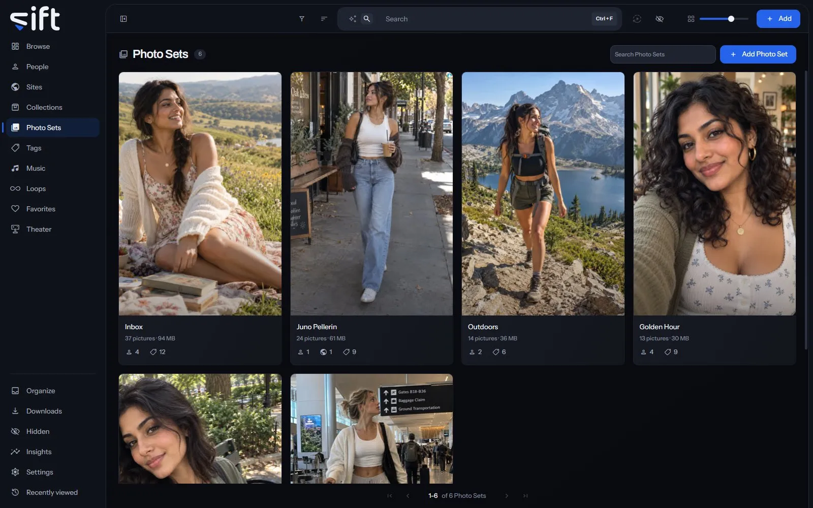 Photo Sets, with eight Photo Sets from the demo library