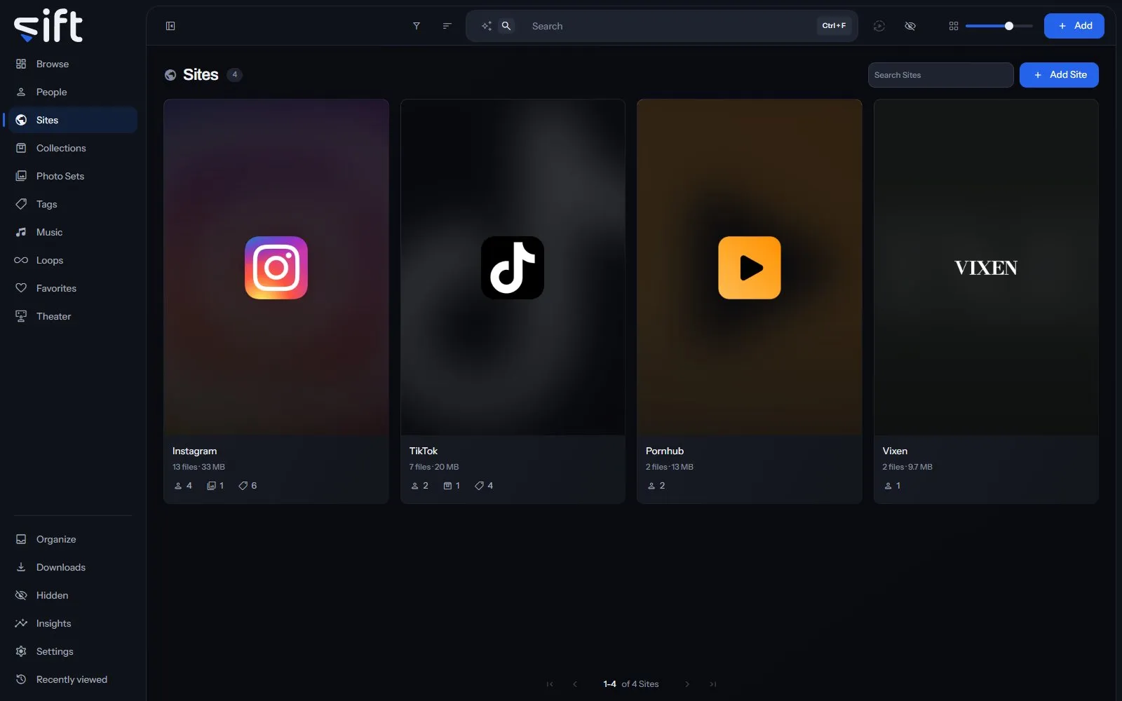 Sites, with four Sites and their logos from the demo library
