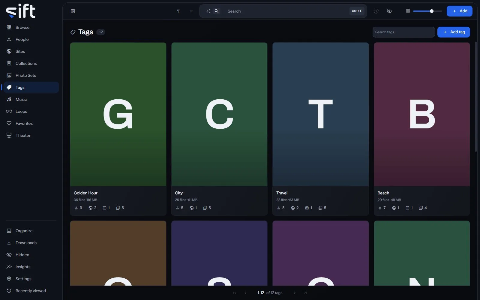 Tags, with the demo library’s tags as lettered cards