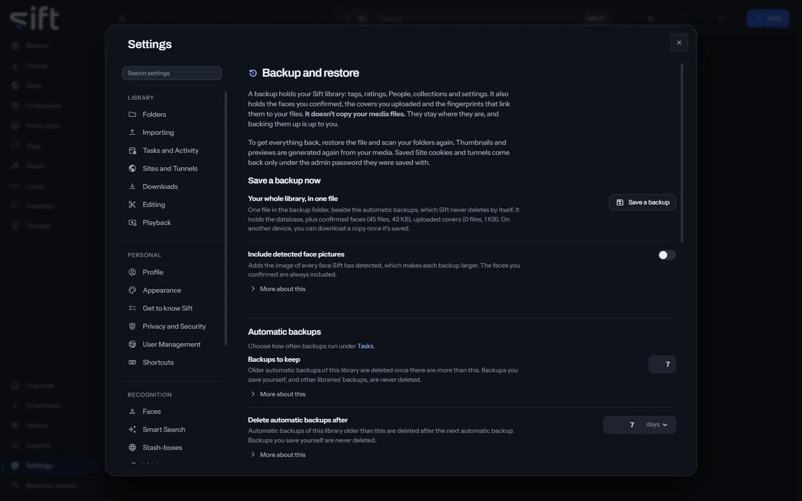 The Backup and restore pane in Settings