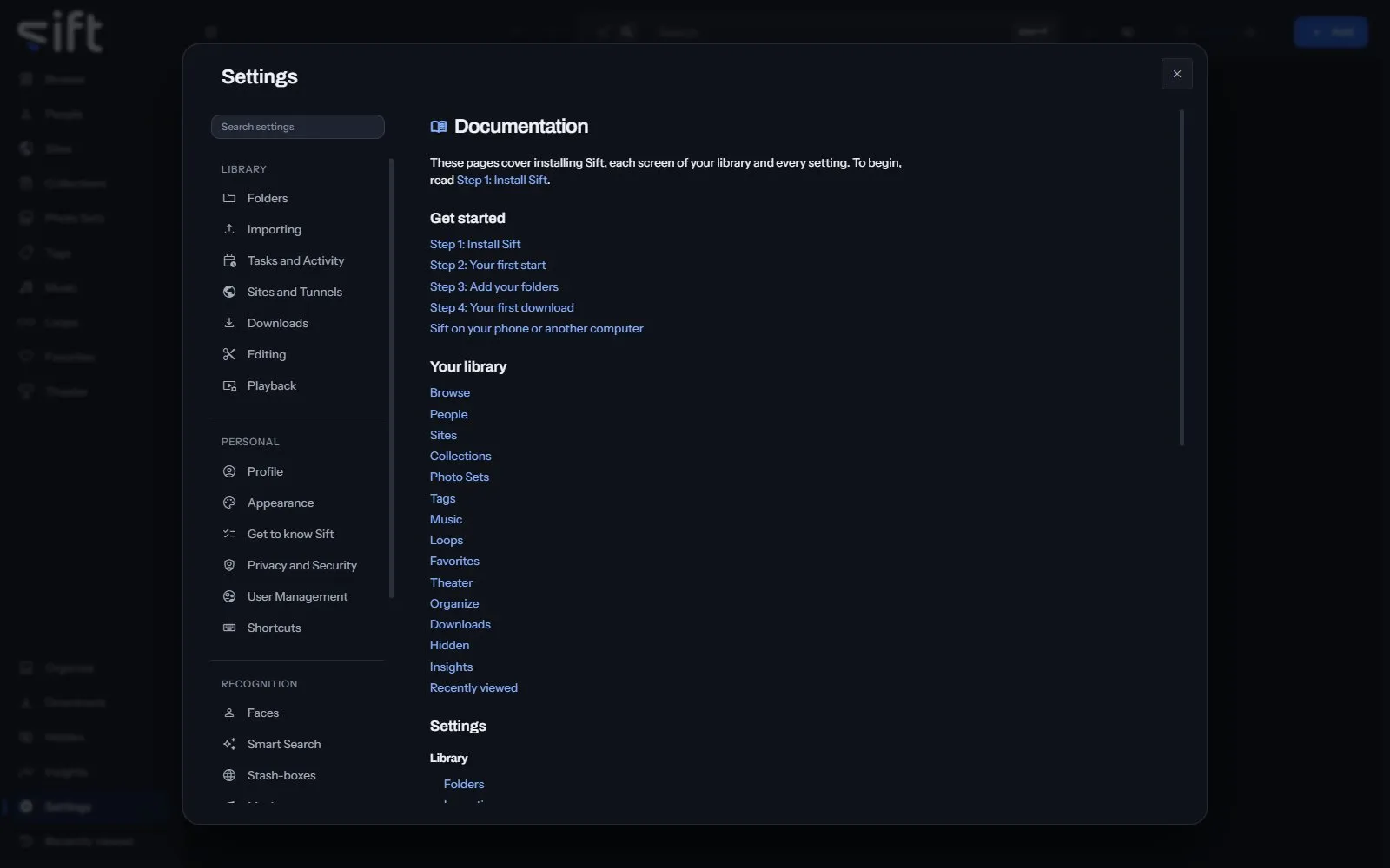 The Documentation pane in Settings