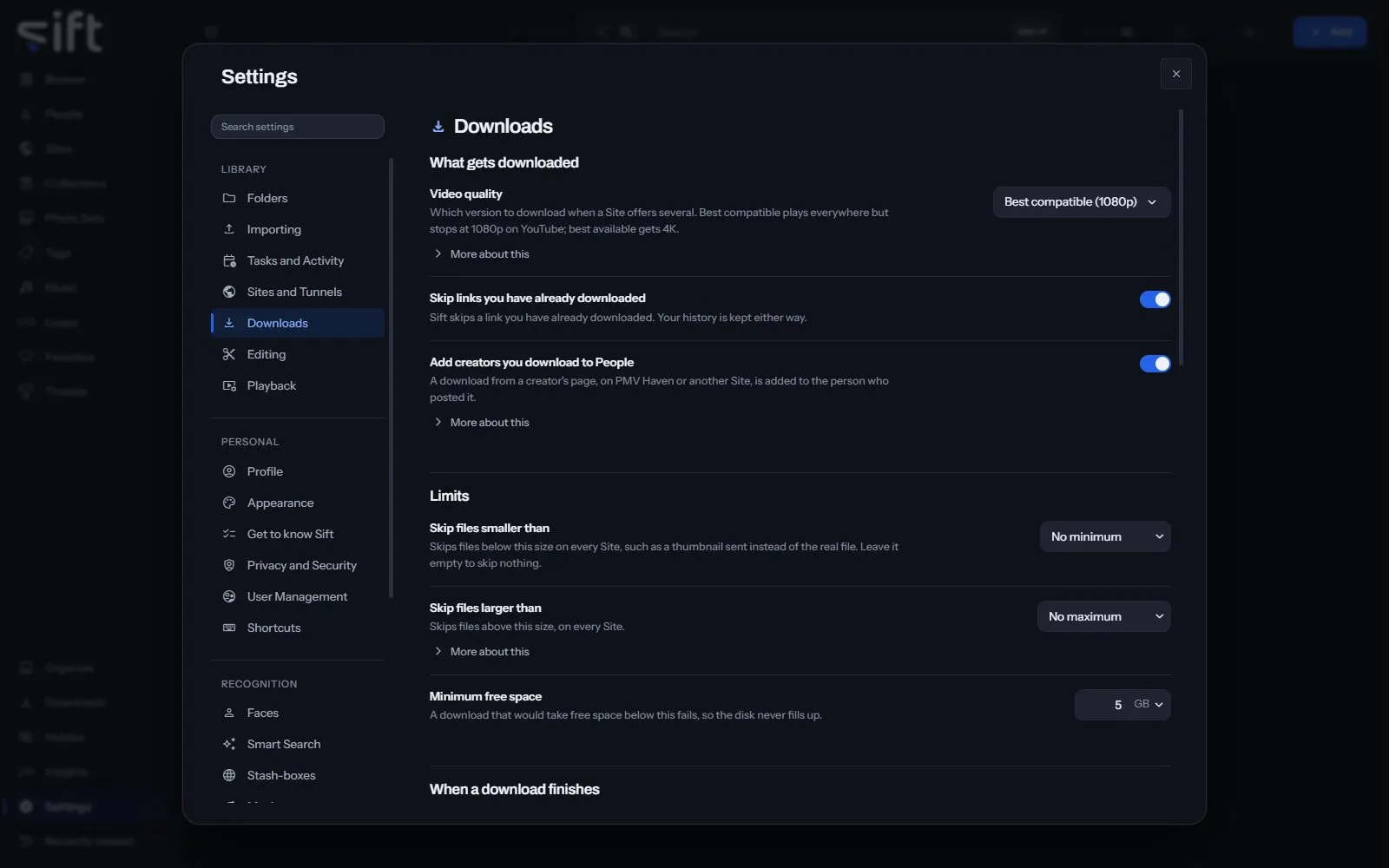 The Downloads pane in Settings