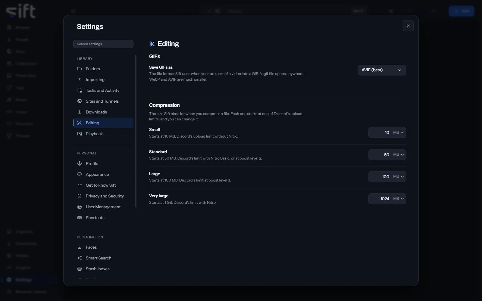 The Editing pane in Settings
