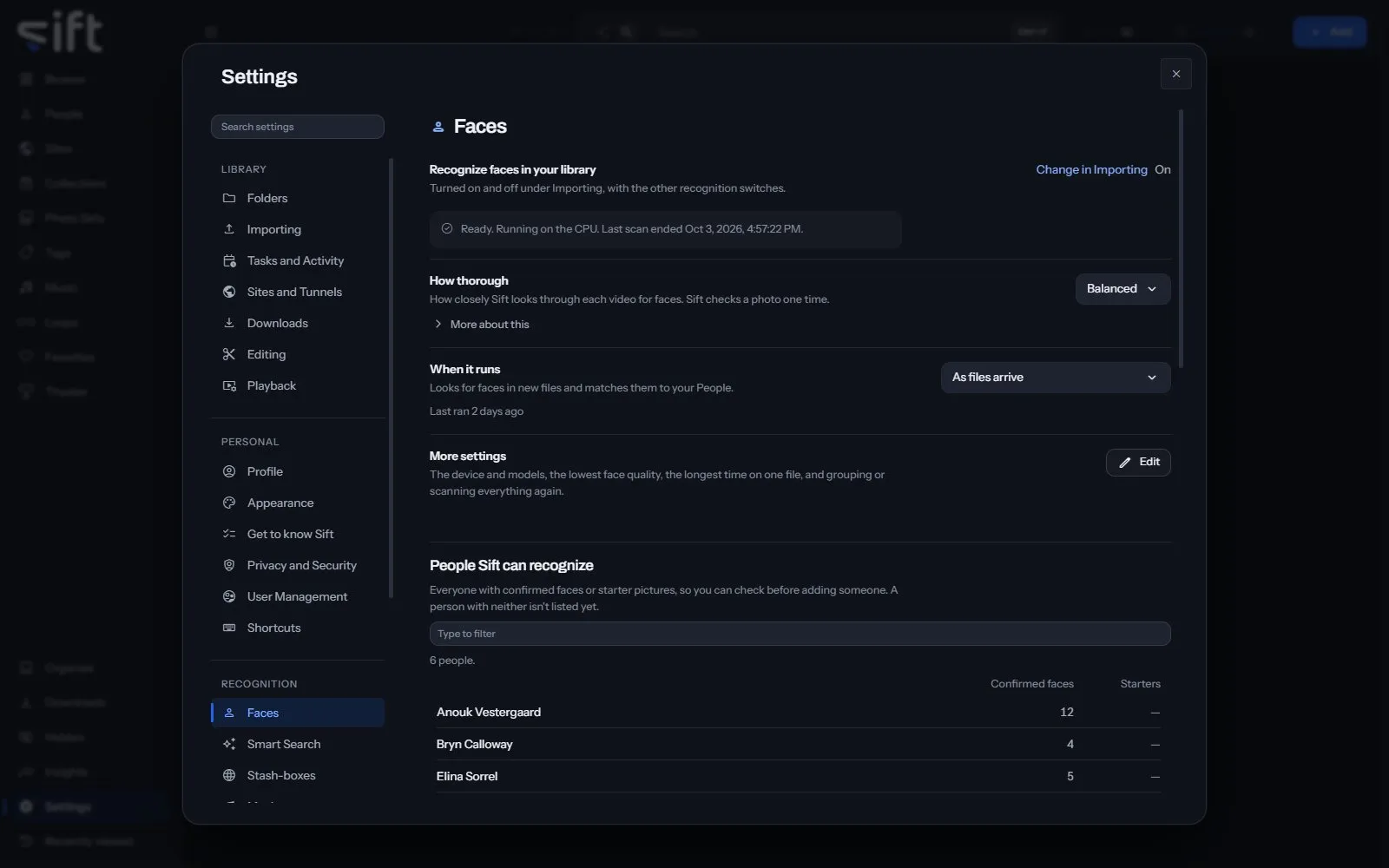The Faces pane in Settings