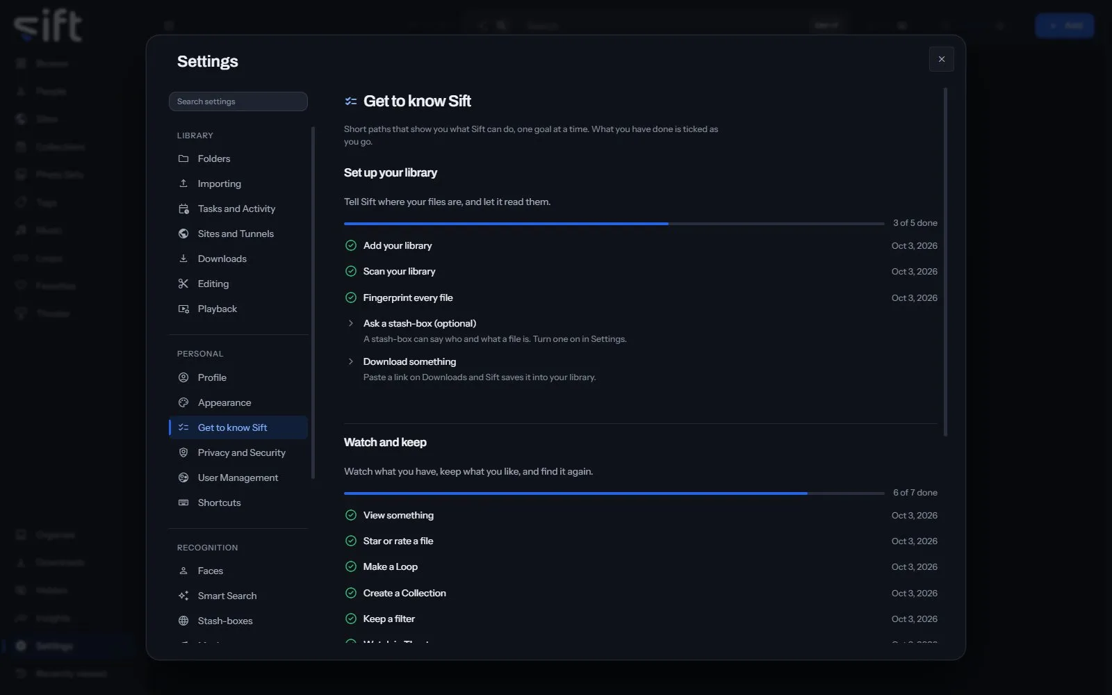 The Get to know Sift pane in Settings