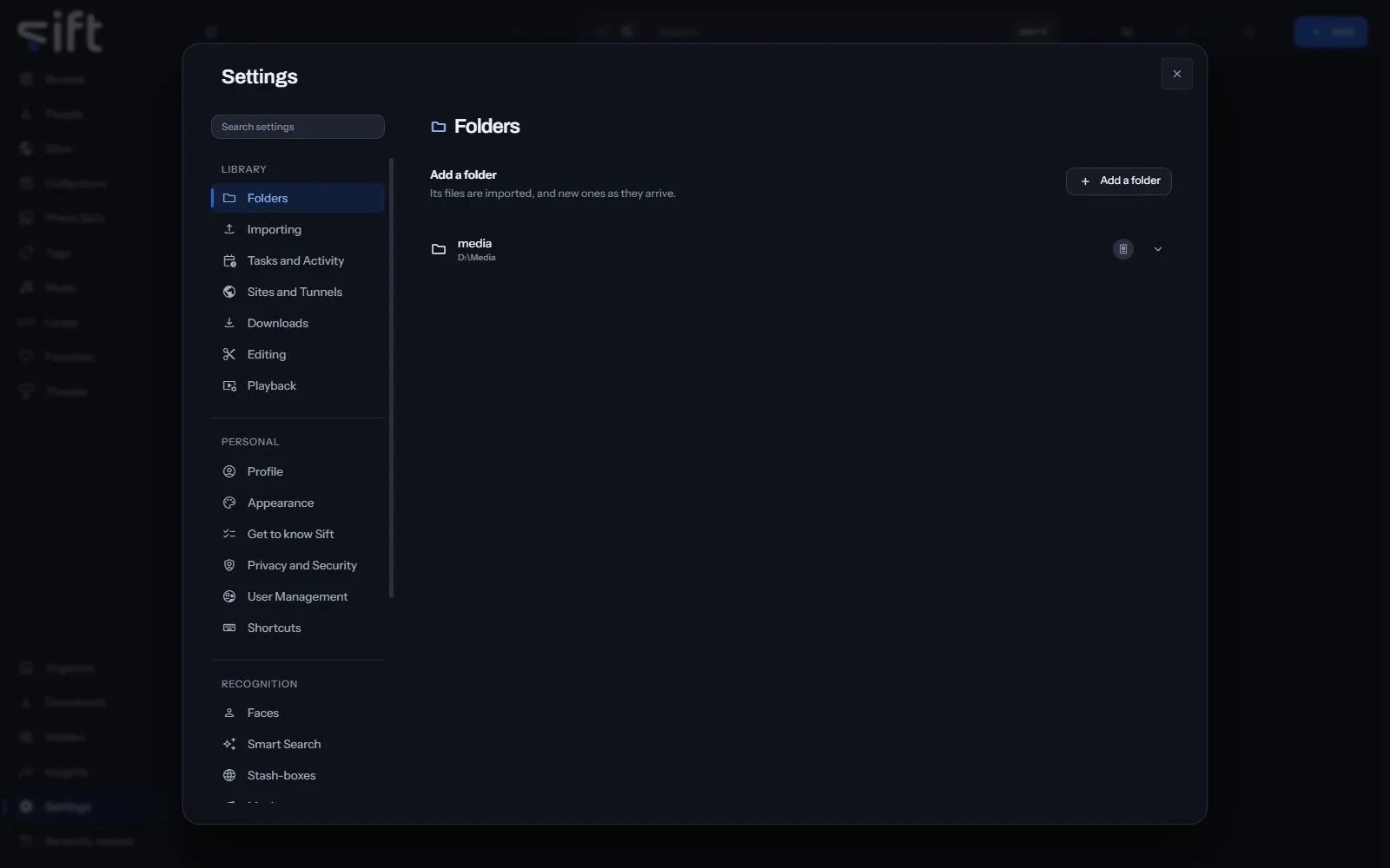 The Folders pane in Settings