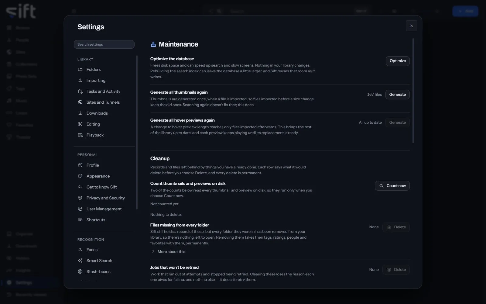The Maintenance pane in Settings
