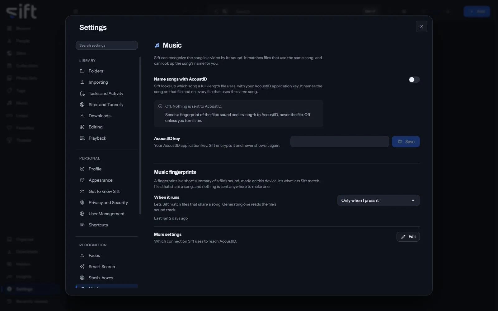The Music pane in Settings