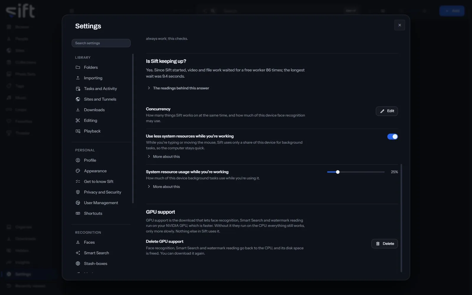 The Performance pane in Settings