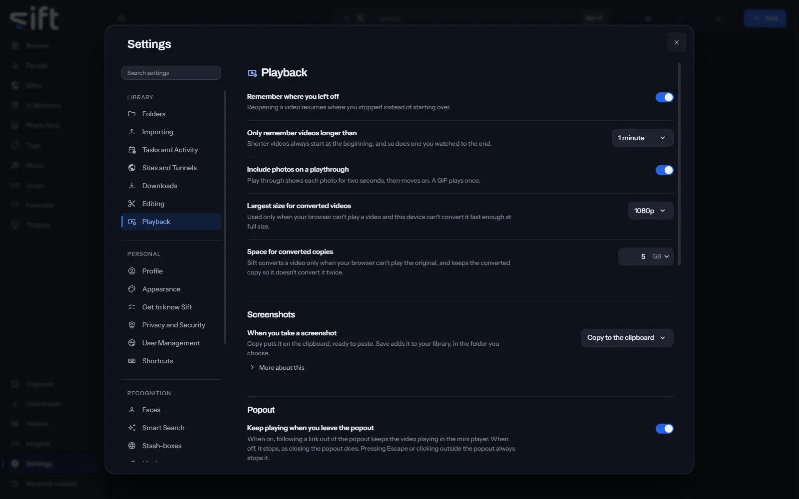 The Playback pane in Settings