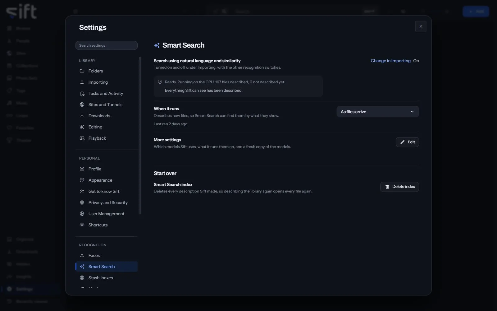 The Smart Search pane in Settings