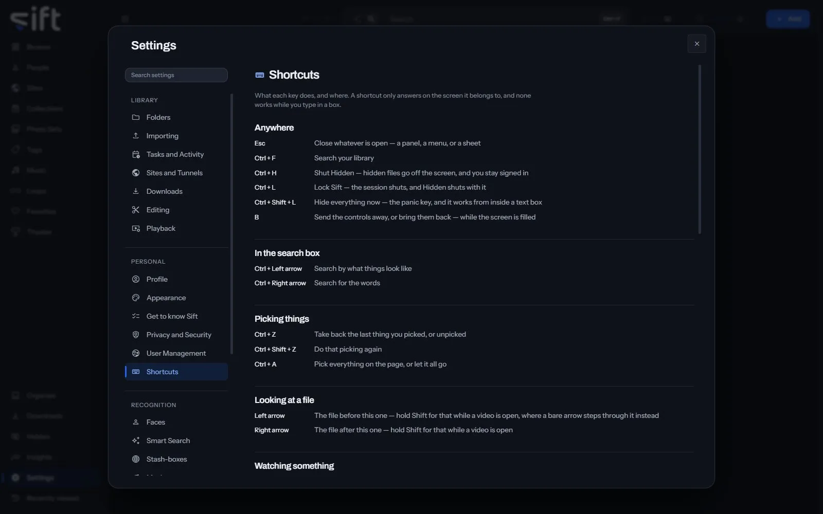 The Shortcuts pane in Settings