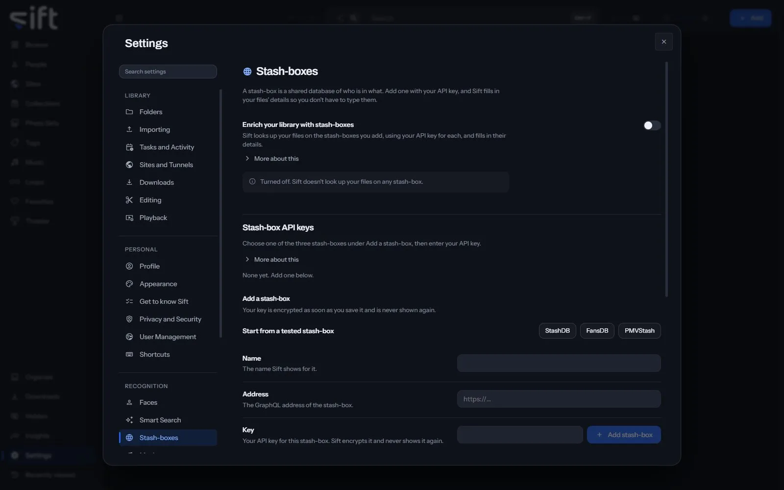 The Stash-boxes pane in Settings