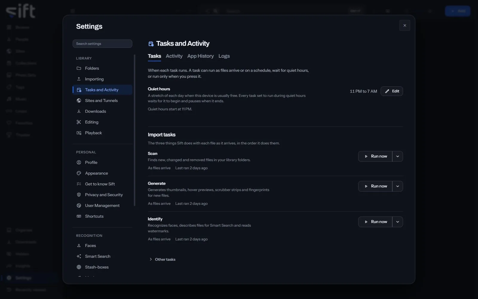 The Tasks and Activity pane in Settings