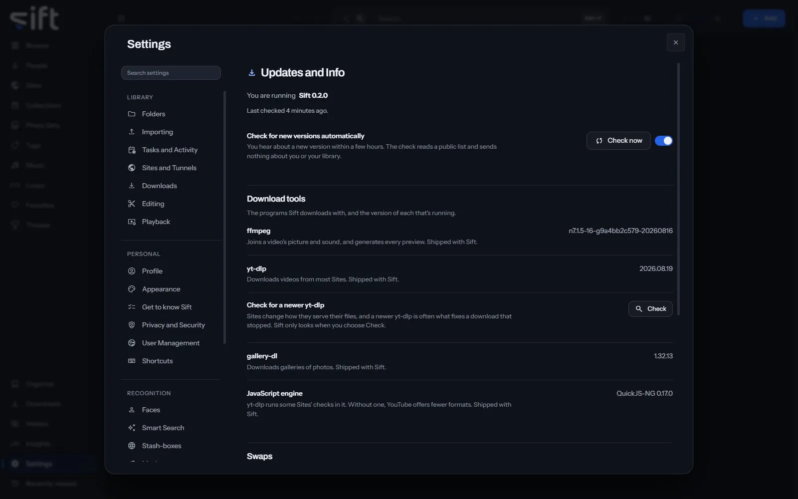 The Updates and Info pane in Settings