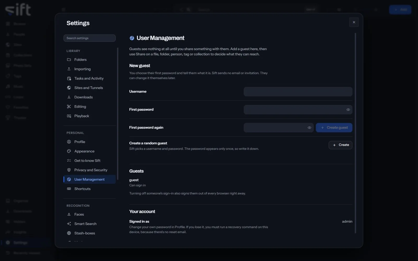 The pane for managing guests in Settings