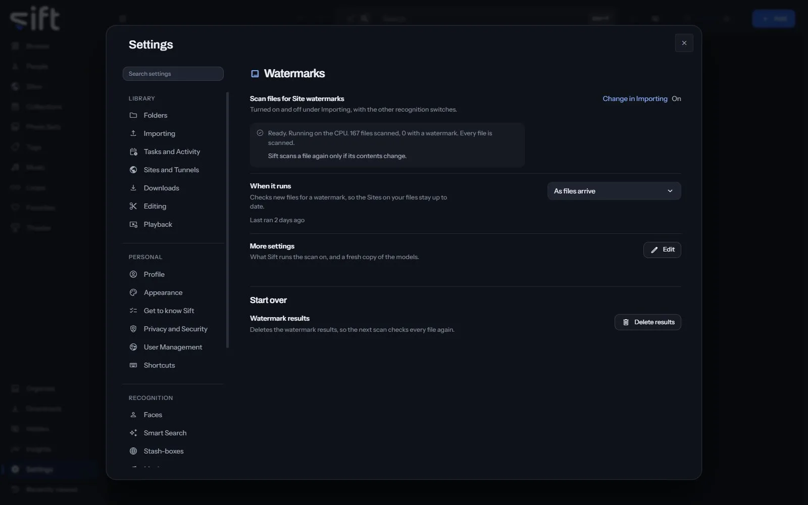 The Watermarks pane in Settings